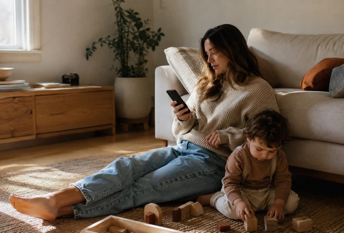 Parent checking recall alerts while their child plays